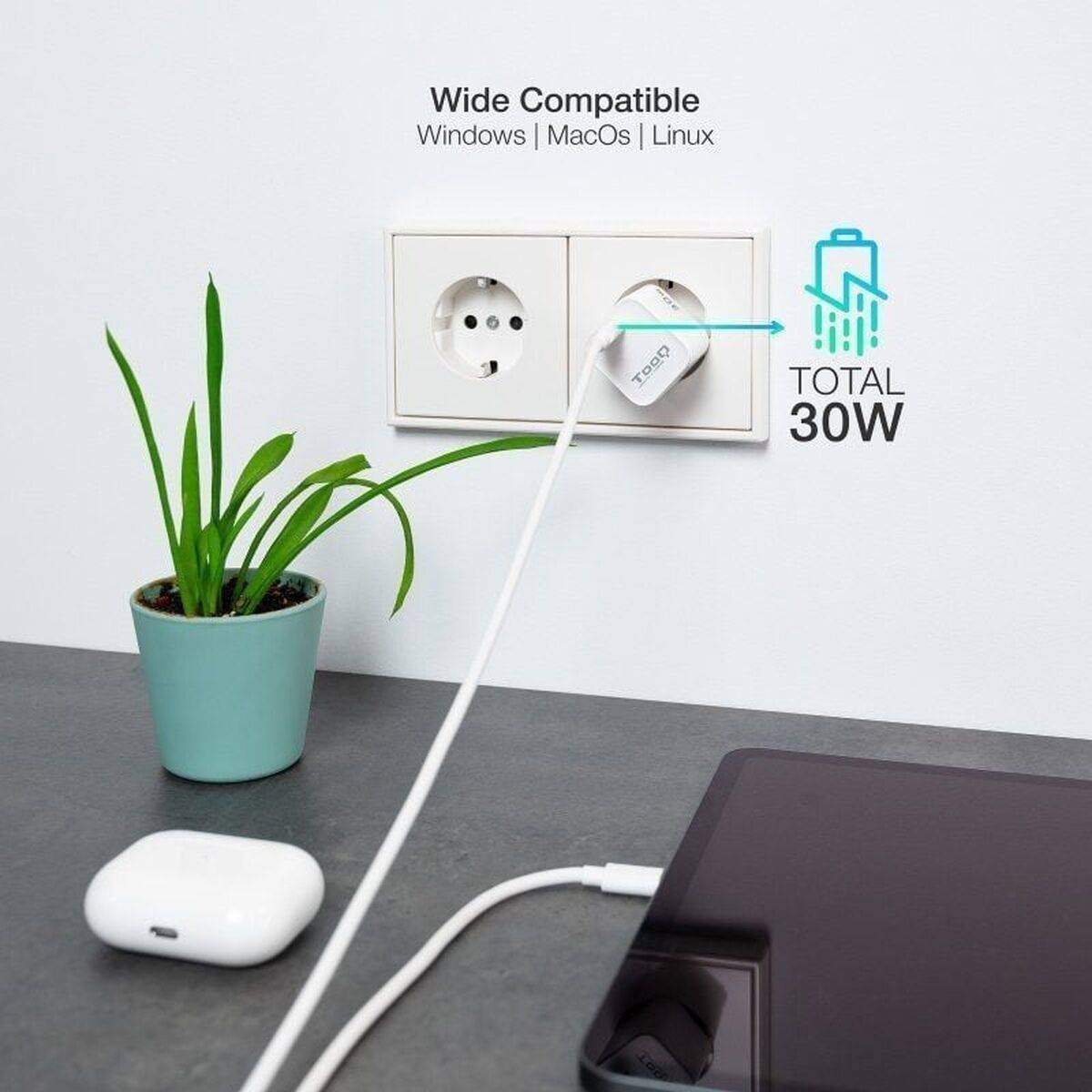 Cargador de Pared TooQ TQWC-GANPD30WT Blanco 30 W