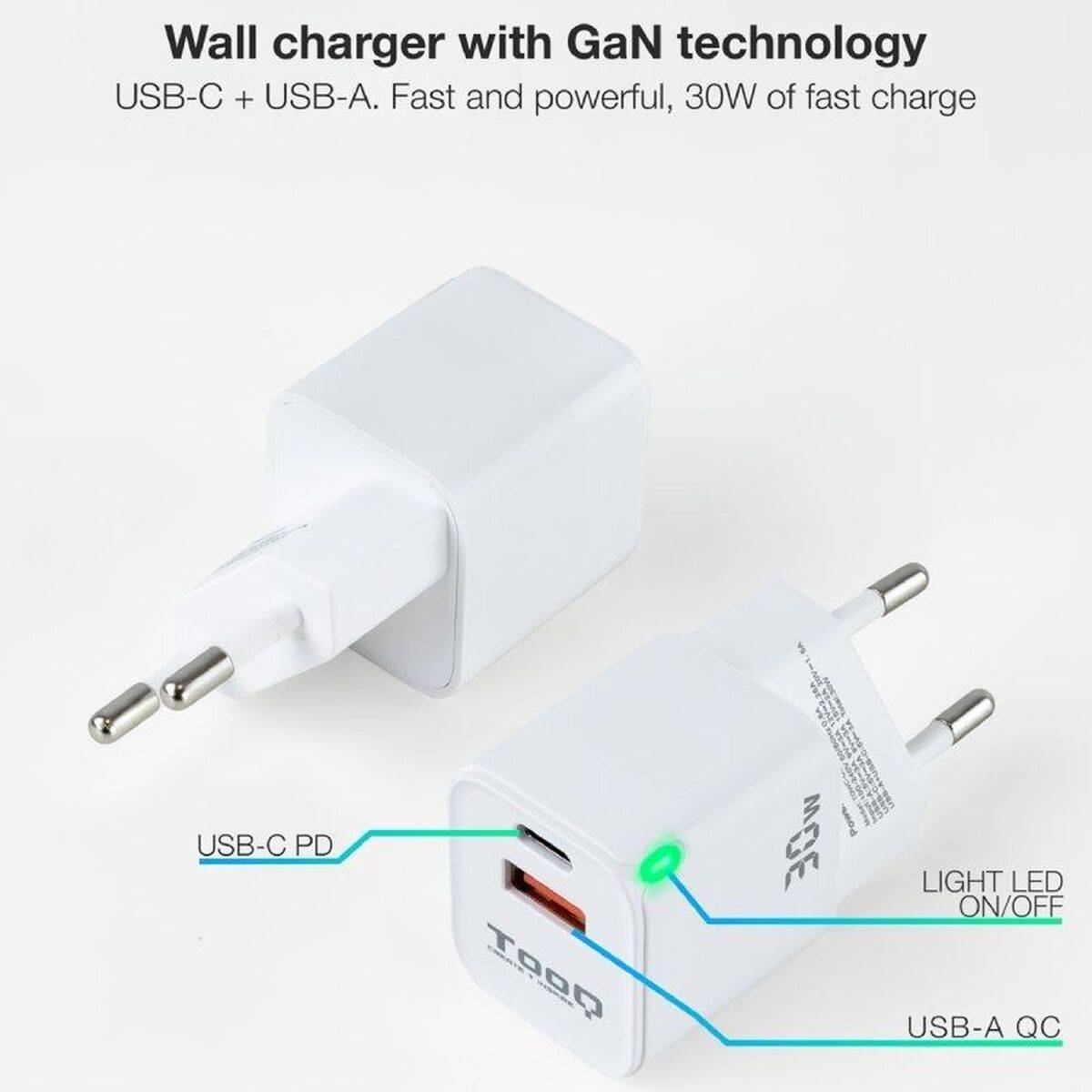 Cargador de Pared TooQ TQWC-GANQCPD30WT Blanco 30 W