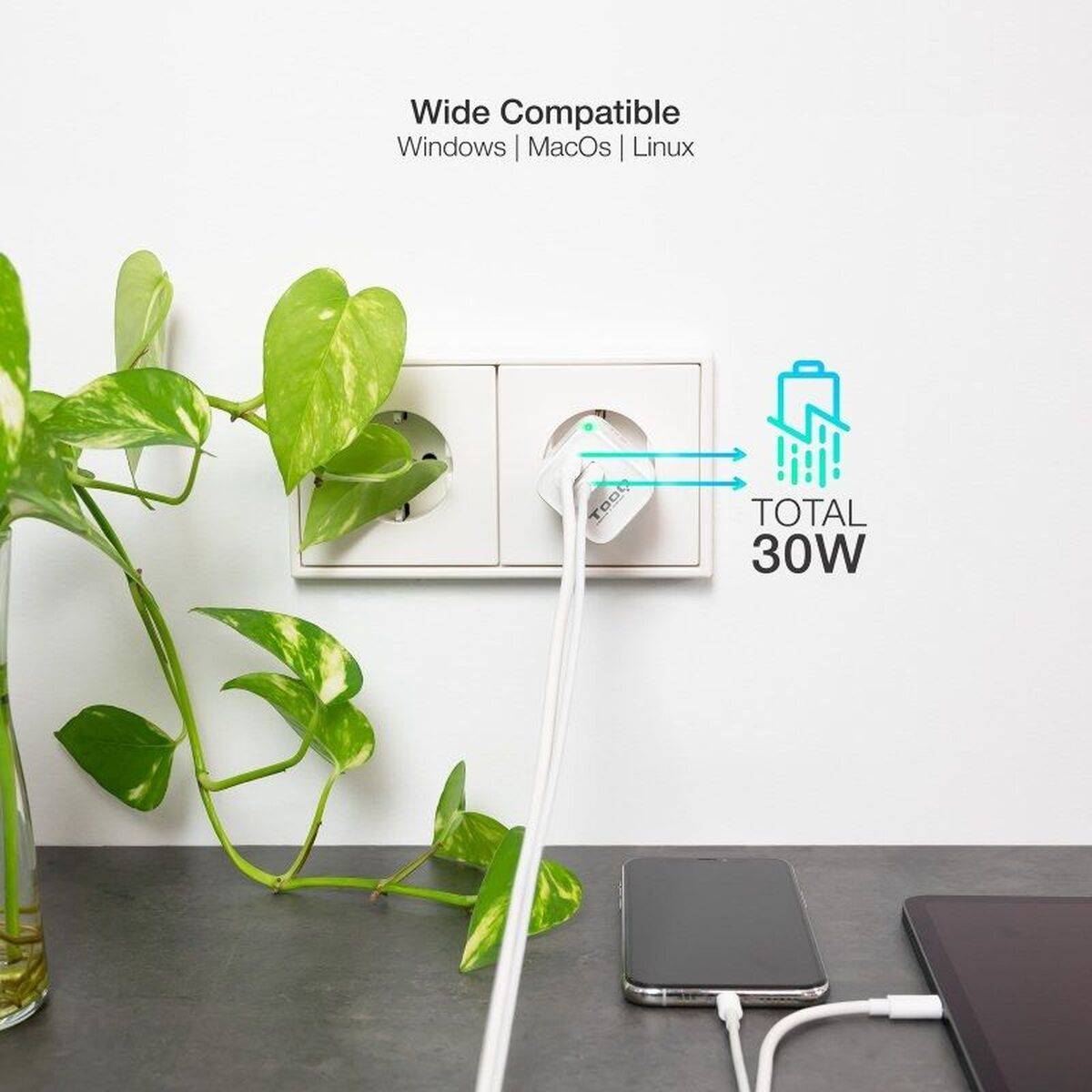 Cargador de Pared TooQ TQWC-GANQCPD30WT Blanco 30 W