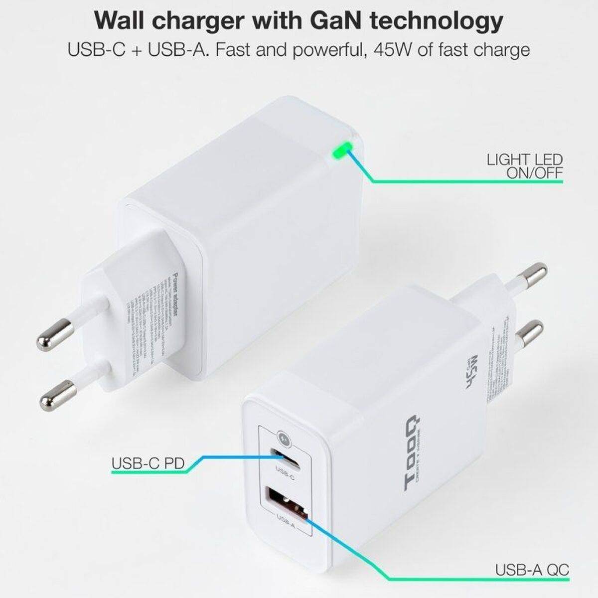 Cargador de Pared TooQ TQWC-GANQCPD45WT Blanco 45 W