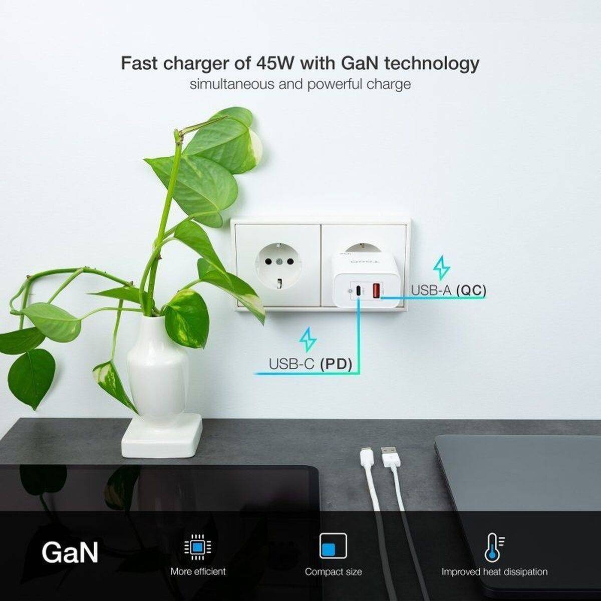 Cargador de Pared TooQ TQWC-GANQCPD45WT Blanco 45 W