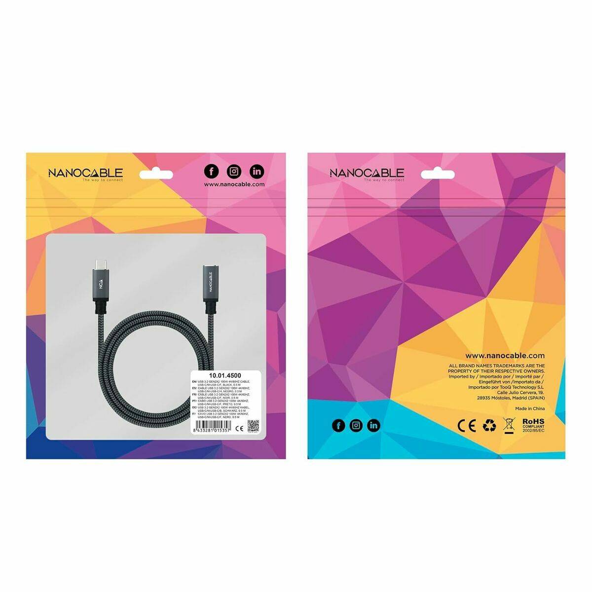 Cable USB NANOCABLE USB 3.2 GEN2x2 100W C/M-H Negro 1,5 m