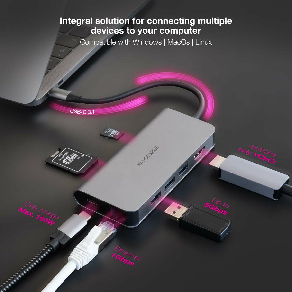 Hub USB NANOCABLE Hub 8en1 Gris 18 cm