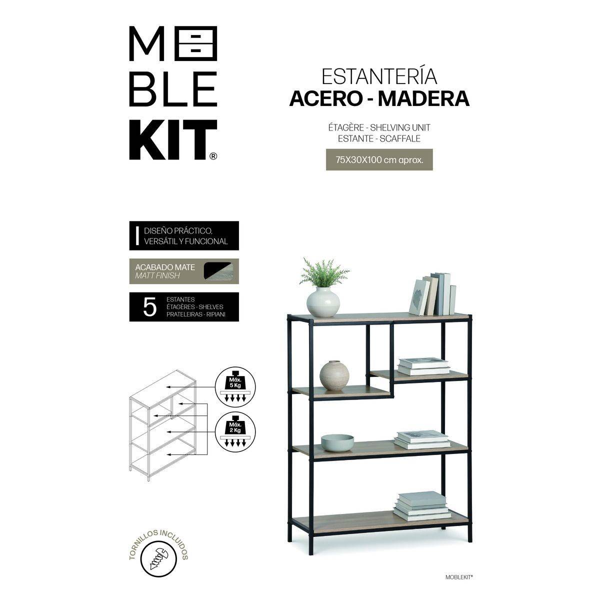 Estantería MobleKit Marrón Negro Madera Metal 75 x 30 x 100 cm