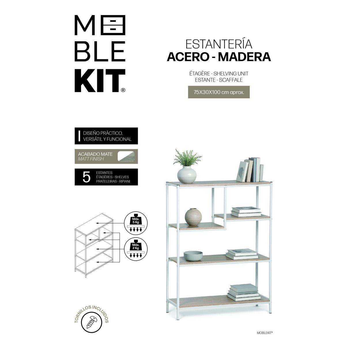 Estantería MobleKit Blanco Marrón Madera Metal 75 x 30 x 100 cm