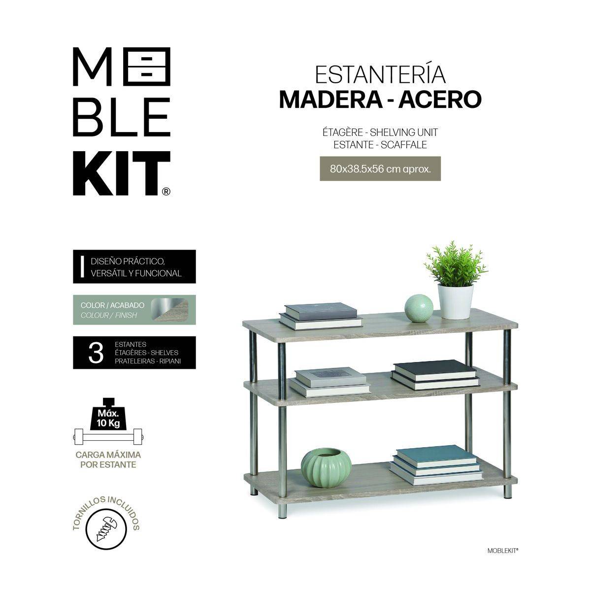 Estantería MobleKit Marrón Plateado Madera Acero 80 x 38,5 x 56 cm