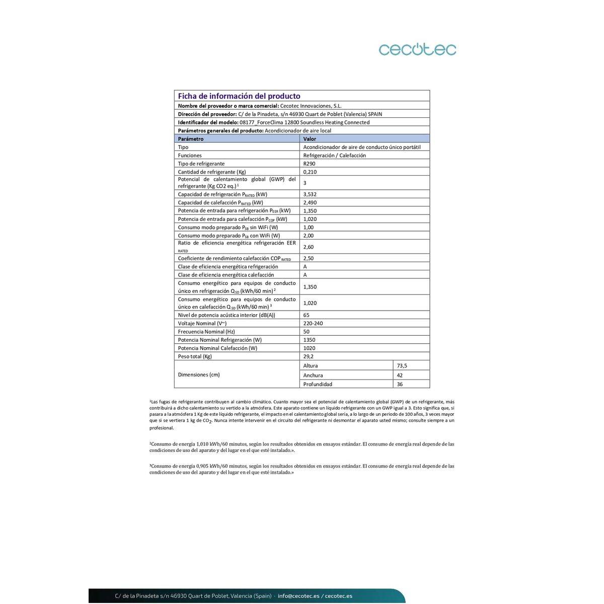 Aire Acondicionado Portátil Cecotec ForceClima 12800 Soundless Heating Connected A 1340 W Blanco