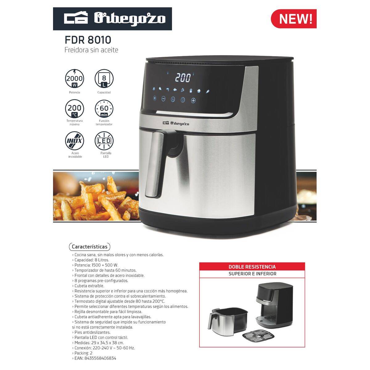 Freidora de Aire Orbegozo FDR 8010 Negro 1500 W 8 L