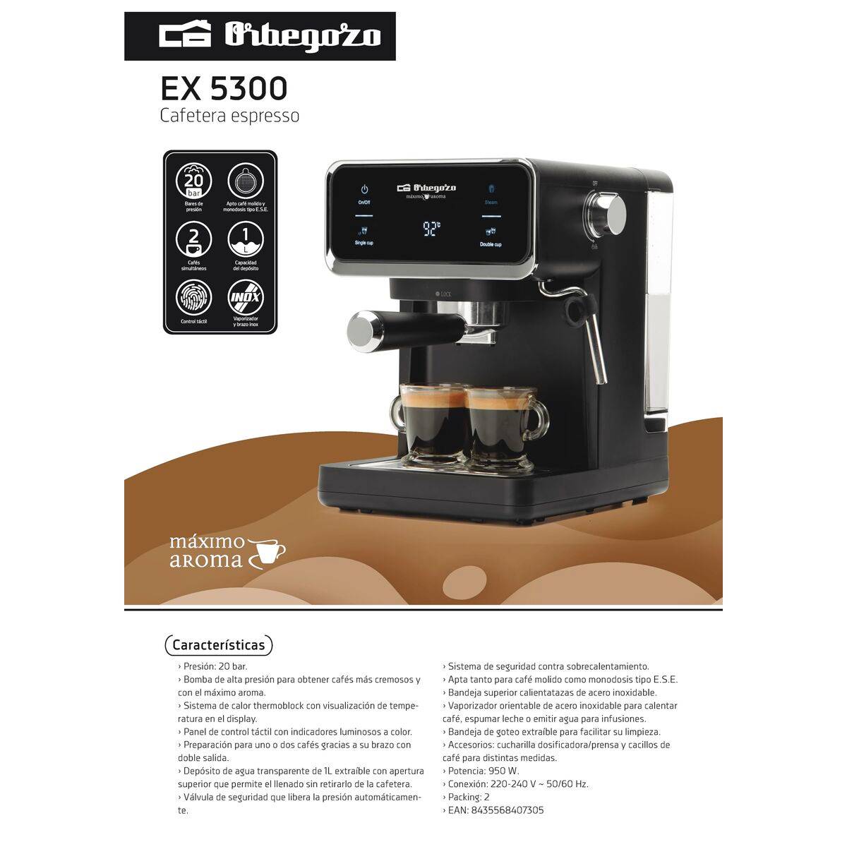 Cafetera Express de Brazo Orbegozo 18309 950 W 20 bar (1 L)