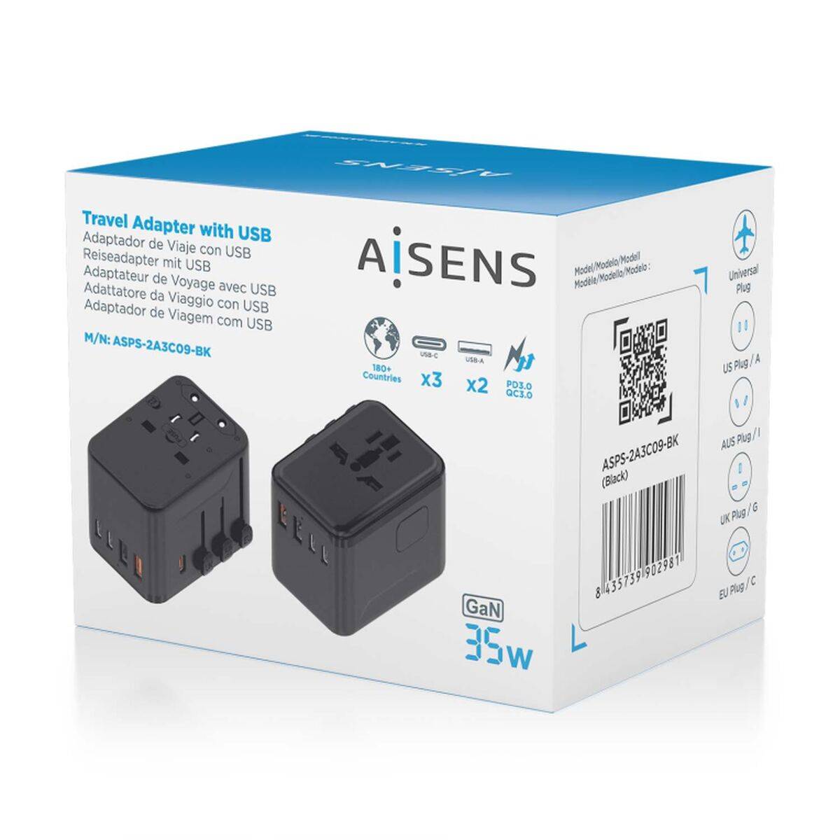 Cargador de Pared Aisens ASPS-2A3C09-BK Negro