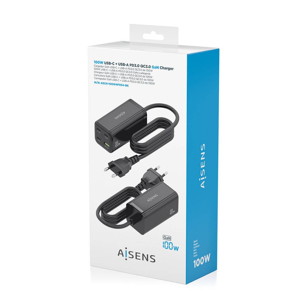 Cargador de Pared Aisens GAN Negro 100 W