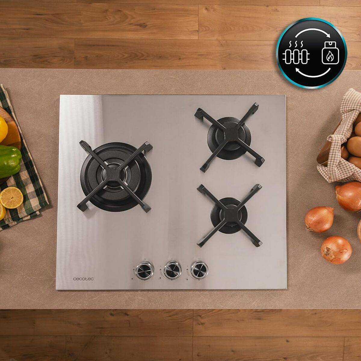 Cecotec Placa de Gas 3 Fuegos Bolero Squad G 3400S 6200W Acero Inox Wok Hierro Fundido