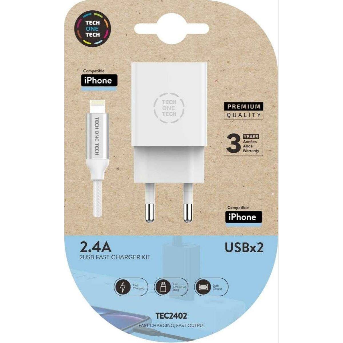 Cargador de Pared +Cable Lightning MFI Tech One Tech TEC2402 Blanco Doble Lightning