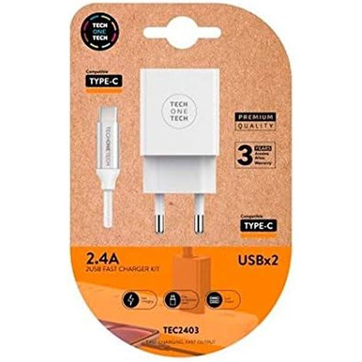 Cargador de Pared + Cable USB-C Tech One Tech TEC2403 Blanco 12 W Doble