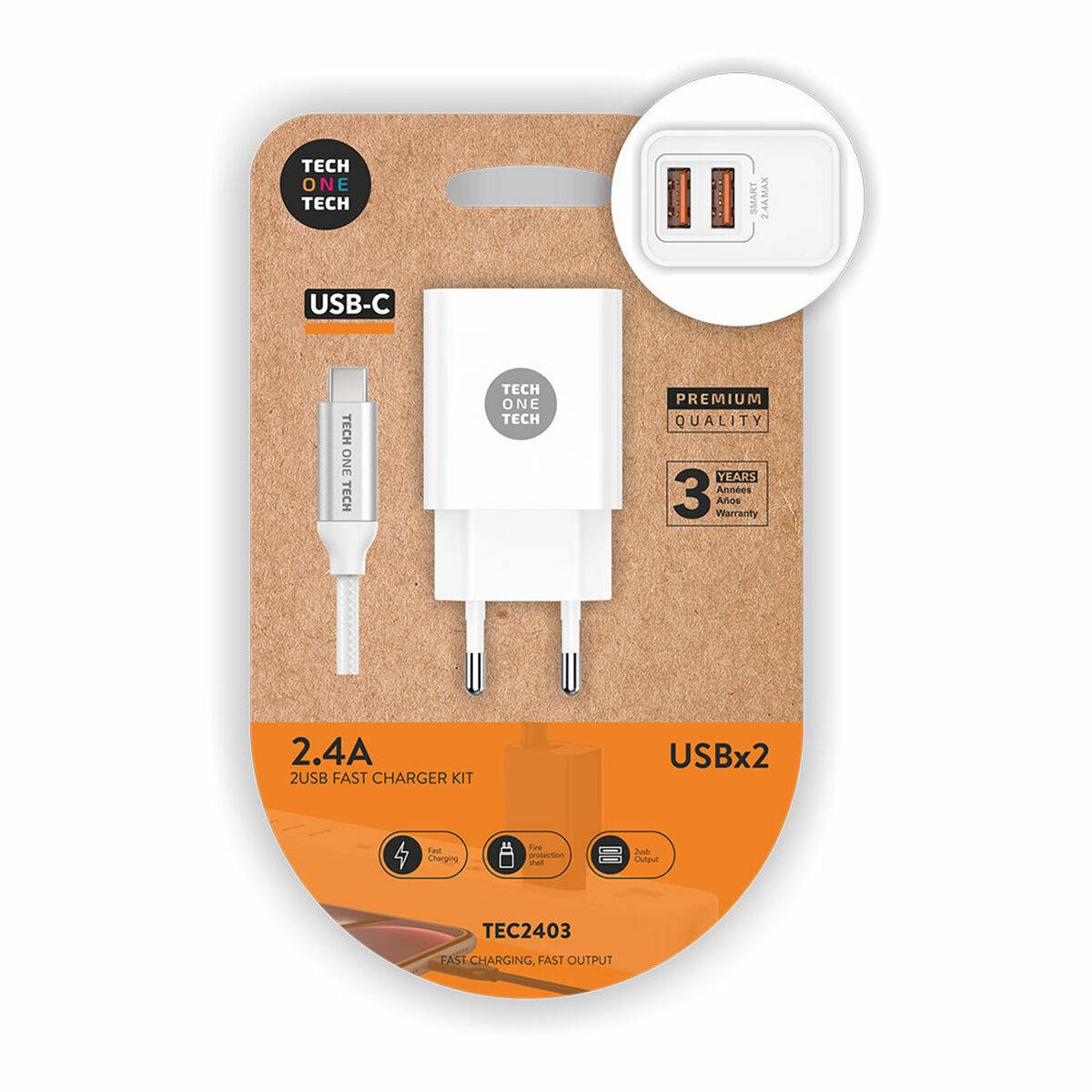 Cargador de Pared + Cable USB-C Tech One Tech TEC2403 Blanco 12 W Doble