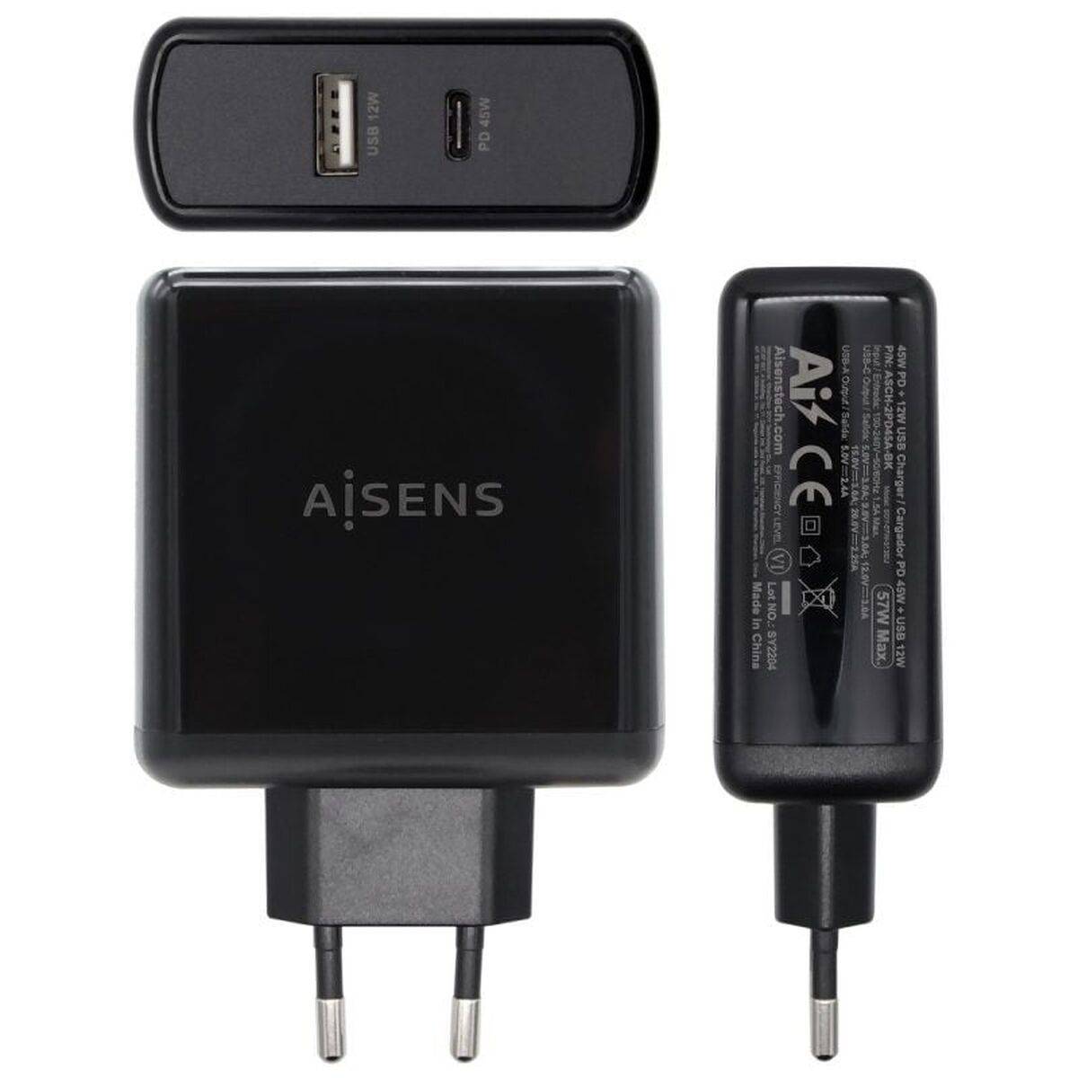 Cargador USB Pared Aisens ASCH-2PD45A-BK 57 W Negro