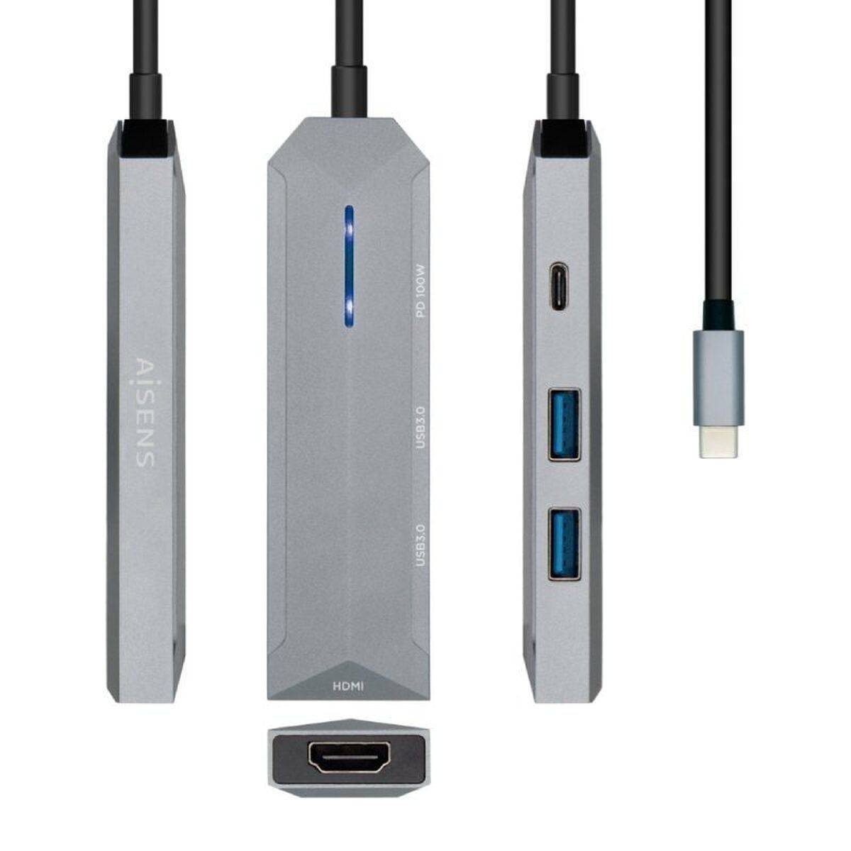 Hub USB-C Aisens ASUC-4P002-GR Gris 100 W