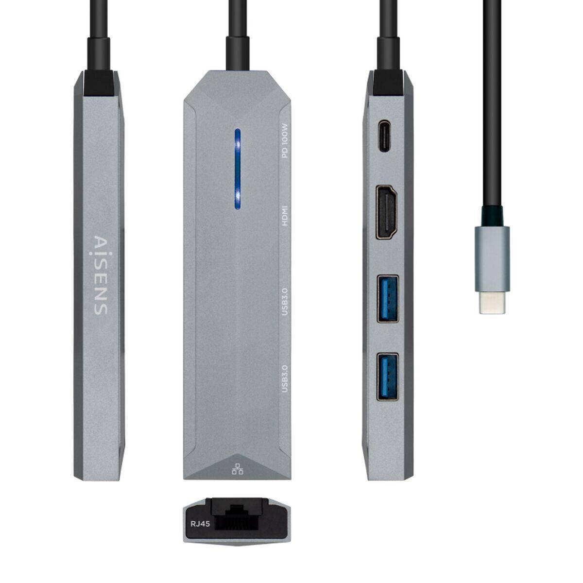 Hub USB-C Aisens ASUC-5P003-GR Negro Gris 100 W
