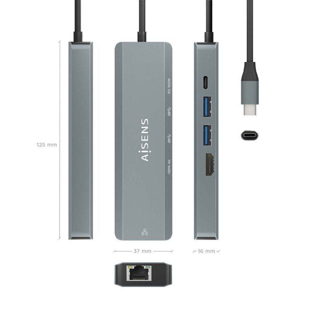Hub USB Aisens ASUC-5P011-GR Gris Multicolor 100 W