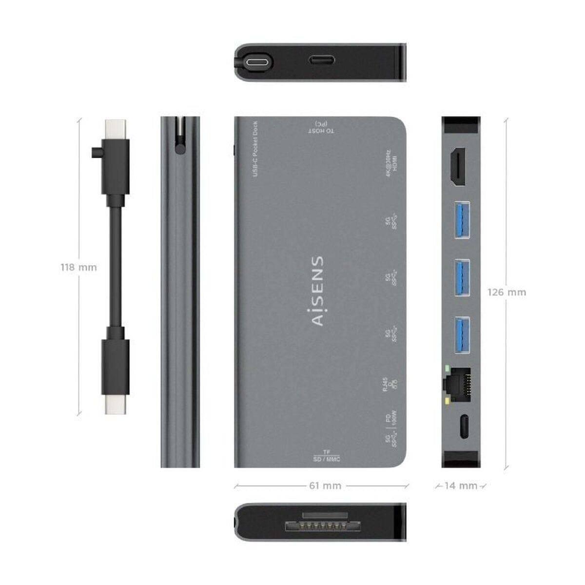 Hub USB Aisens ASUC-8P015-GR Gris Multicolor 100 W