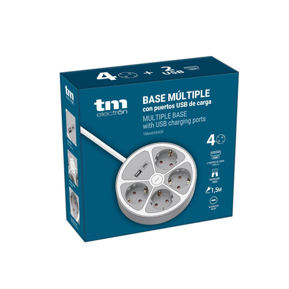 Regleta Enchufes 3 Tomas con Interruptor TM Electron TMUAD554CB Blanco Gris 3680 W 30 W (1,5 m)
