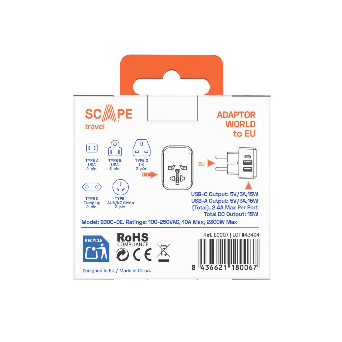 Ladrón de enchufe Scape Travel 830C-DE Plástico