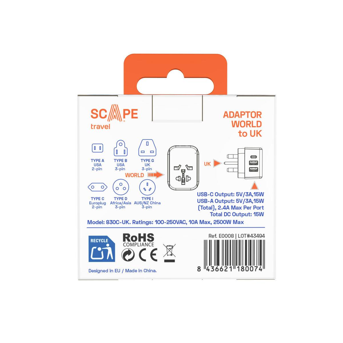 Ladrón de enchufe Scape Travel 830C-UK Plástico 150 W