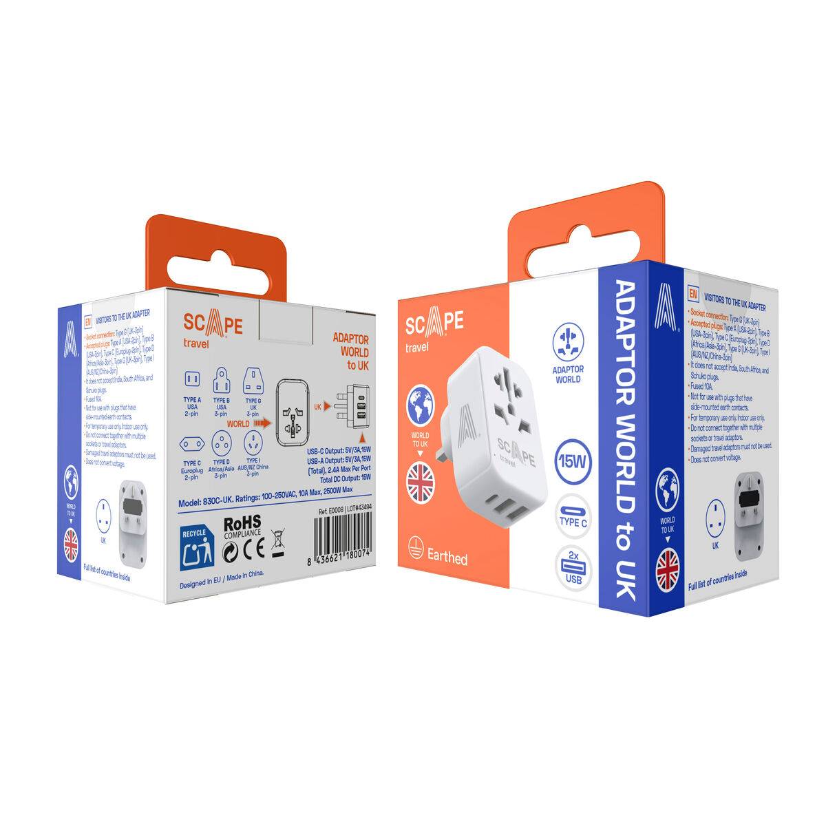 Ladrón de enchufe Scape Travel 830C-UK Plástico 150 W