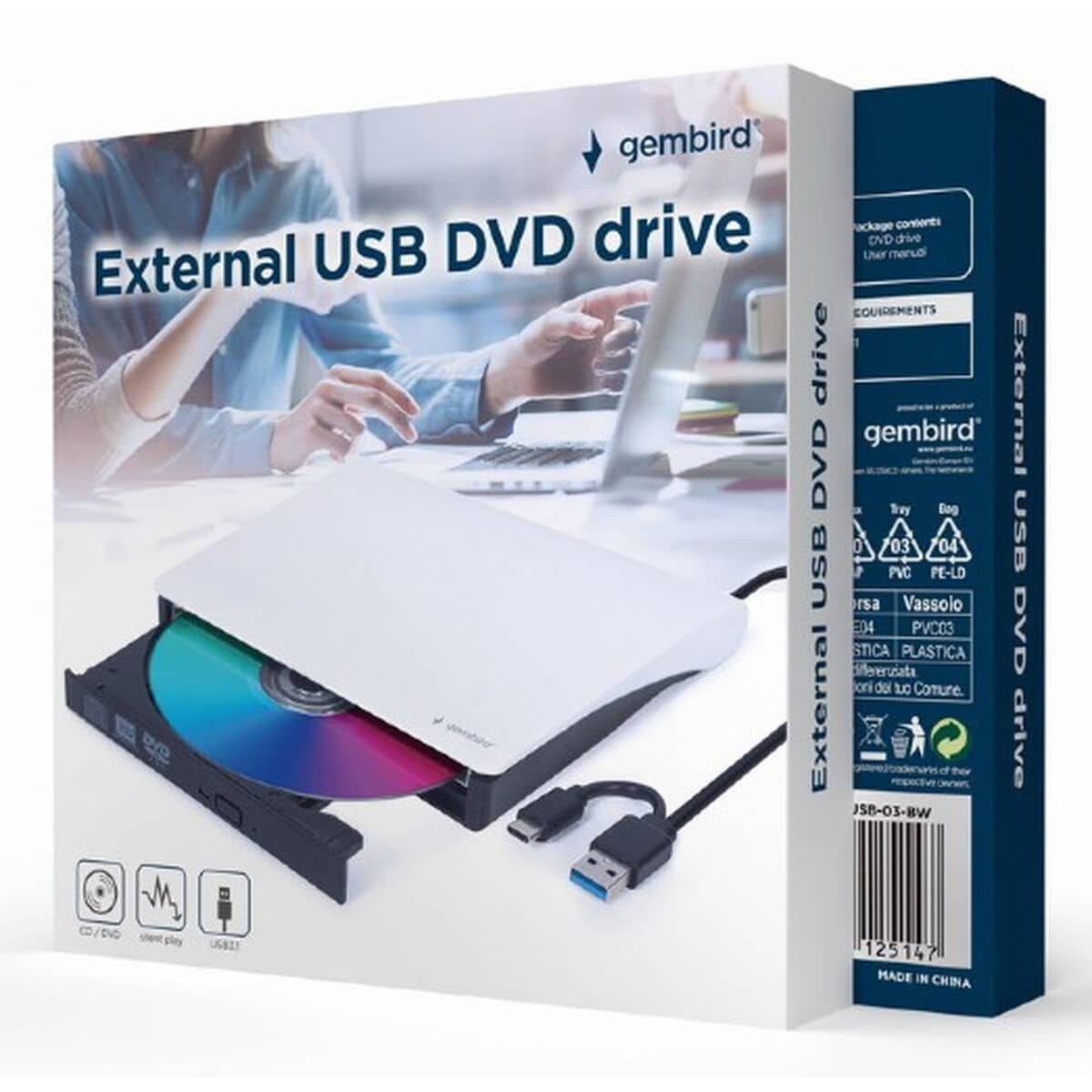 Grabadora Externa GEMBIRD DVD-USB-031-BW DVD-R 8x, DVD-R DL 8x, DVD-RW 8x, DVD-ROM 8x, DVD-RAM 5x, DVD+R 8x, DVD+R DL 8x, DVD+RW