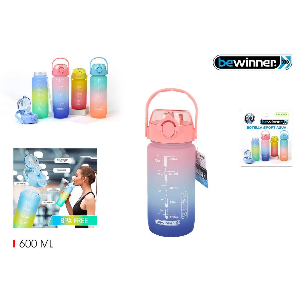 Botella de Agua Bewinner Multicolor 600 ml 7,5 X 20 CM (12 Unidades)