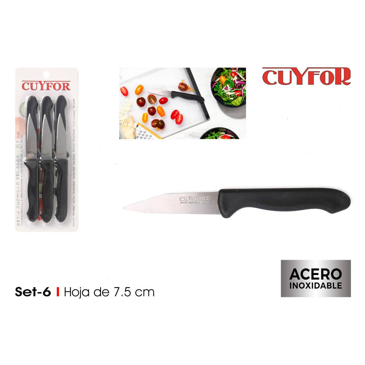 Set de Cuchillos Peladores Cuyfor Negro Plateado Acero Inoxidable 7,5 cm 6 Piezas (24 Unidades)