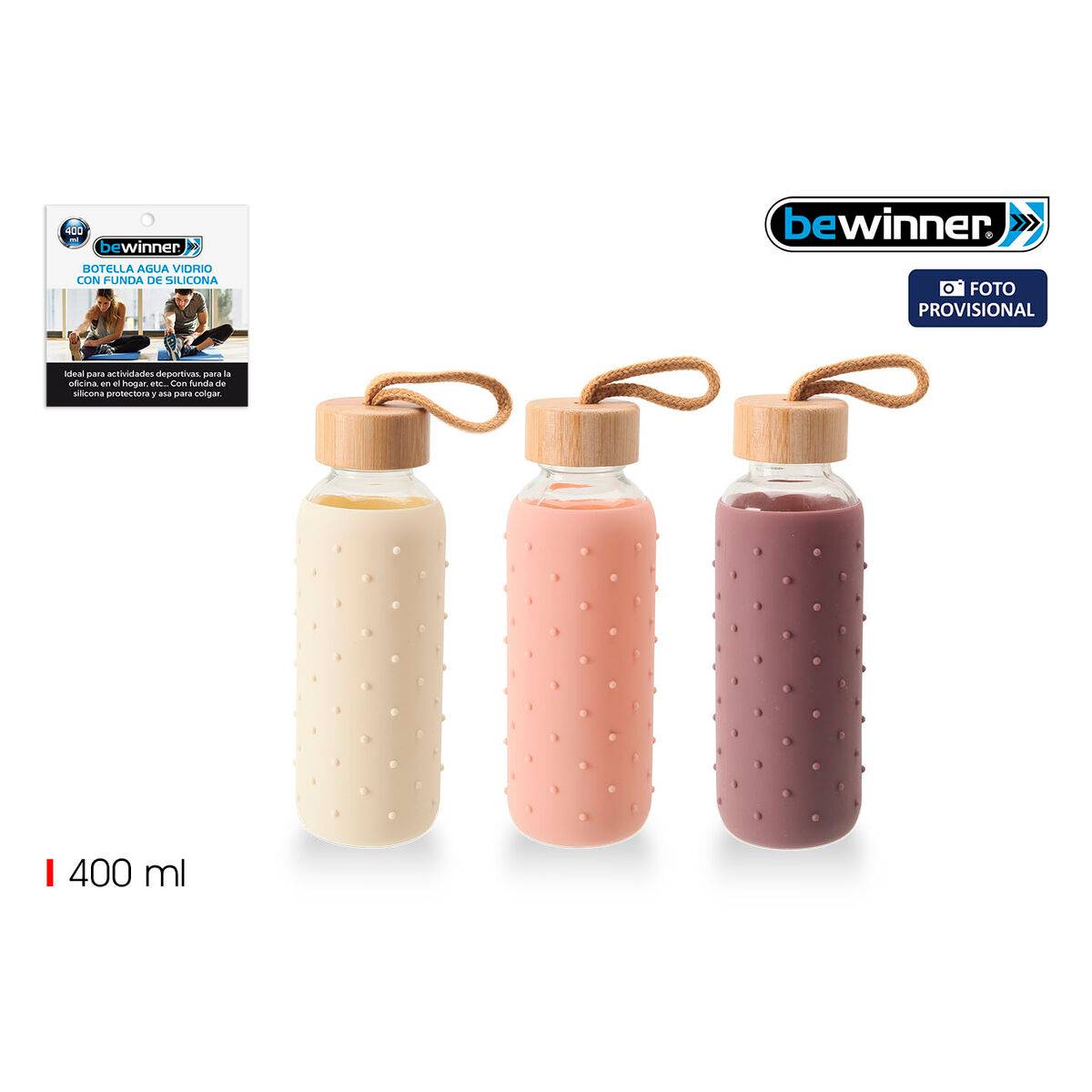 Botella de Agua Bewinner Vidrio Silicona 400 ml 7 x 7 x 19,8 cm (24 Unidades)