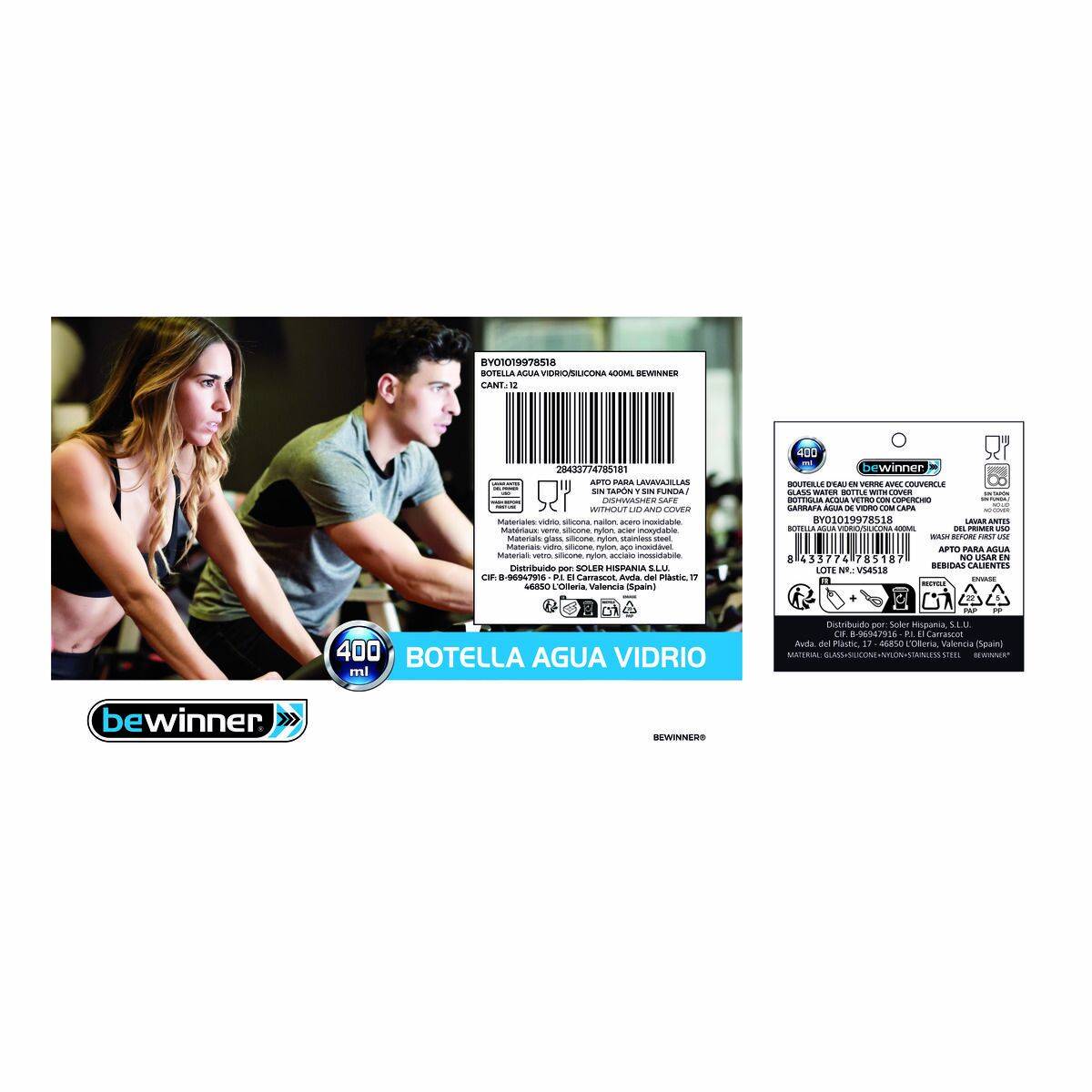 Botella de Agua Bewinner Vidrio Silicona 400 ml 7 x 7 x 19,8 cm (24 Unidades)