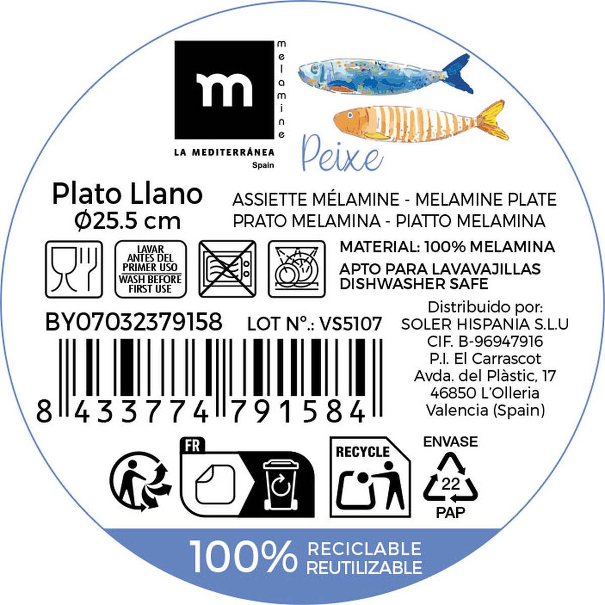 Plato Llano La Mediterránea Peixe 25,5 cm (24 Unidades)
