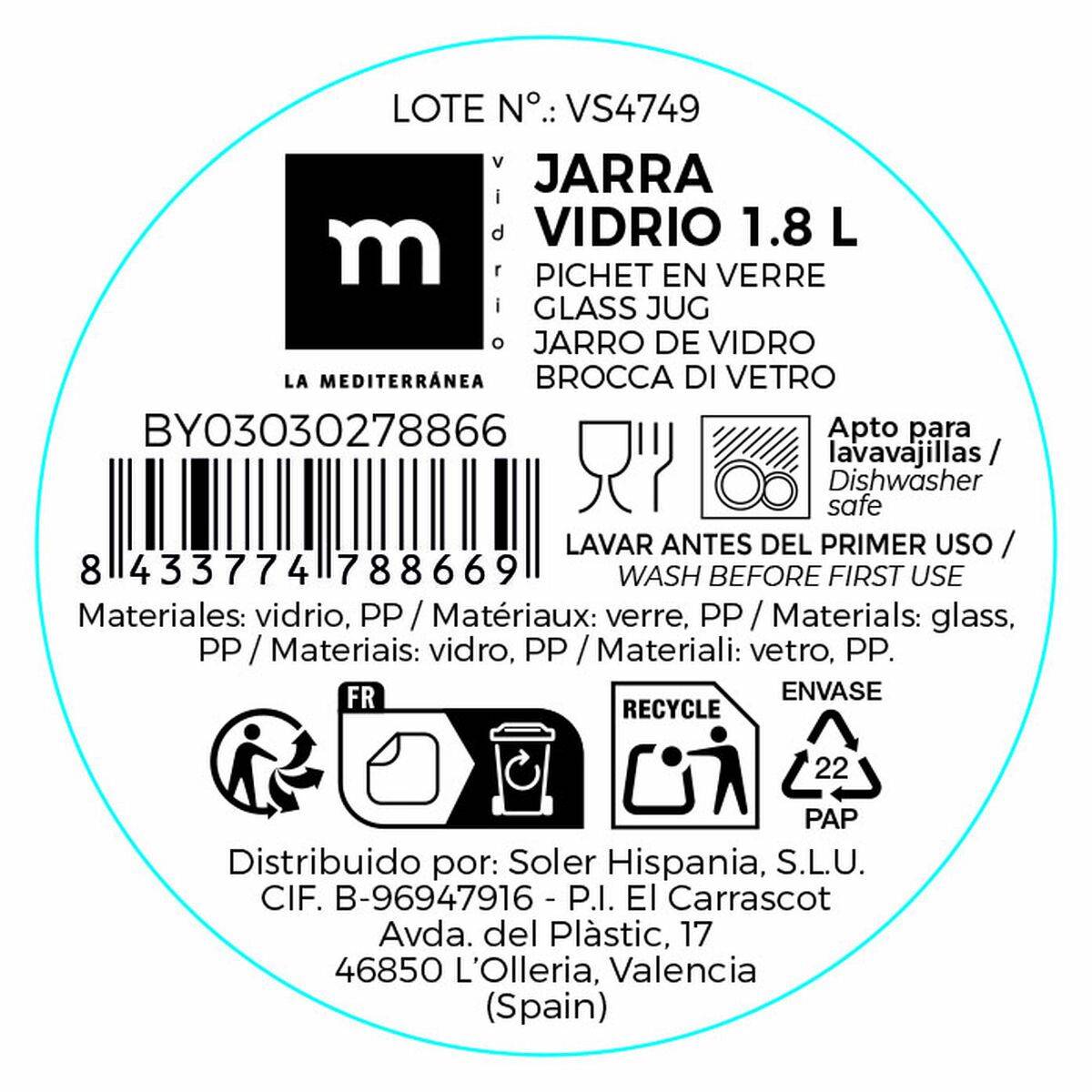 Jarra La Mediterránea Vidrio 1,8 L (12 Unidades)