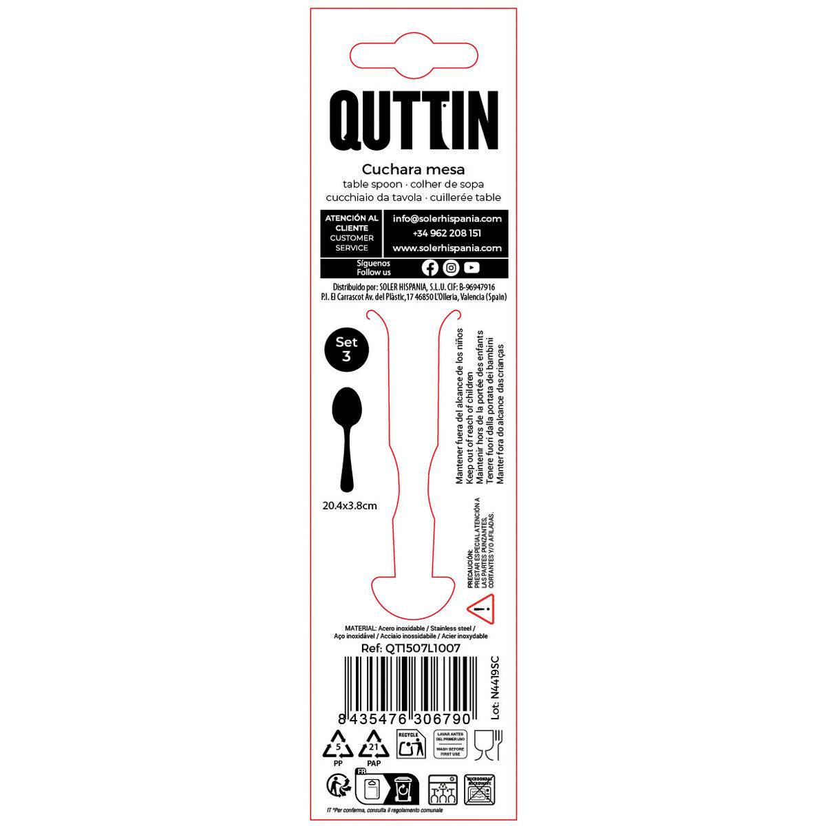 Set de Cucharas Quttin Louvre Plateado 2 mm 20,4 x 3,8 cm 3 Piezas (12 Unidades)