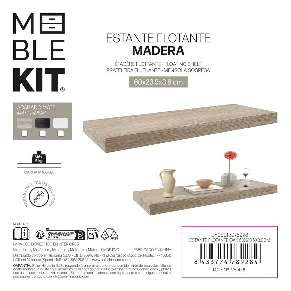 Estante MobleKit Roble Madera 60 x 23,5 x 3,8 cm (6 Unidades)