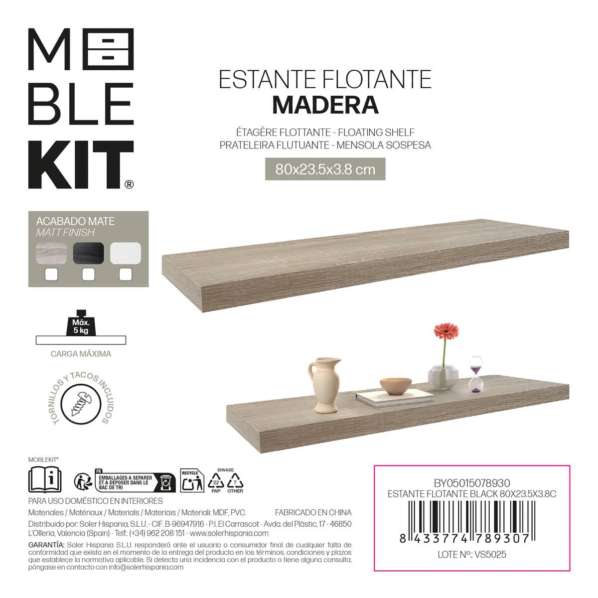 Estante MobleKit Negro Madera 80 x 23,5 x 3,8 cm (6 Unidades)