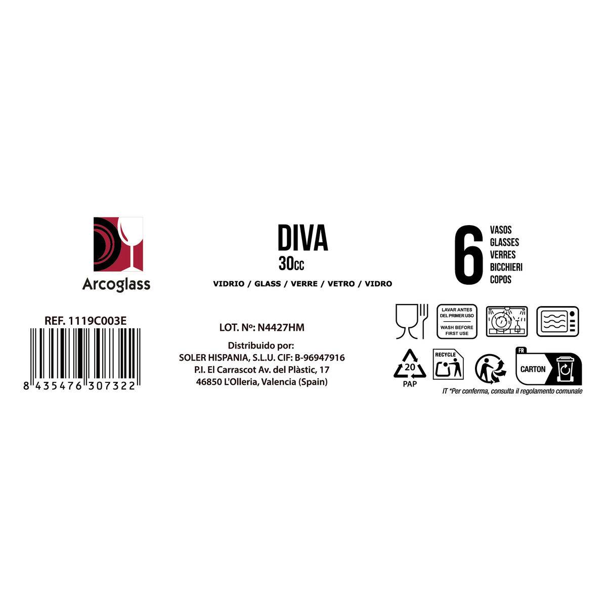 Set de Vasos de Chupito La Mediterránea Diva Transparente Vidrio 30 ml 6 Piezas (12 Unidades)