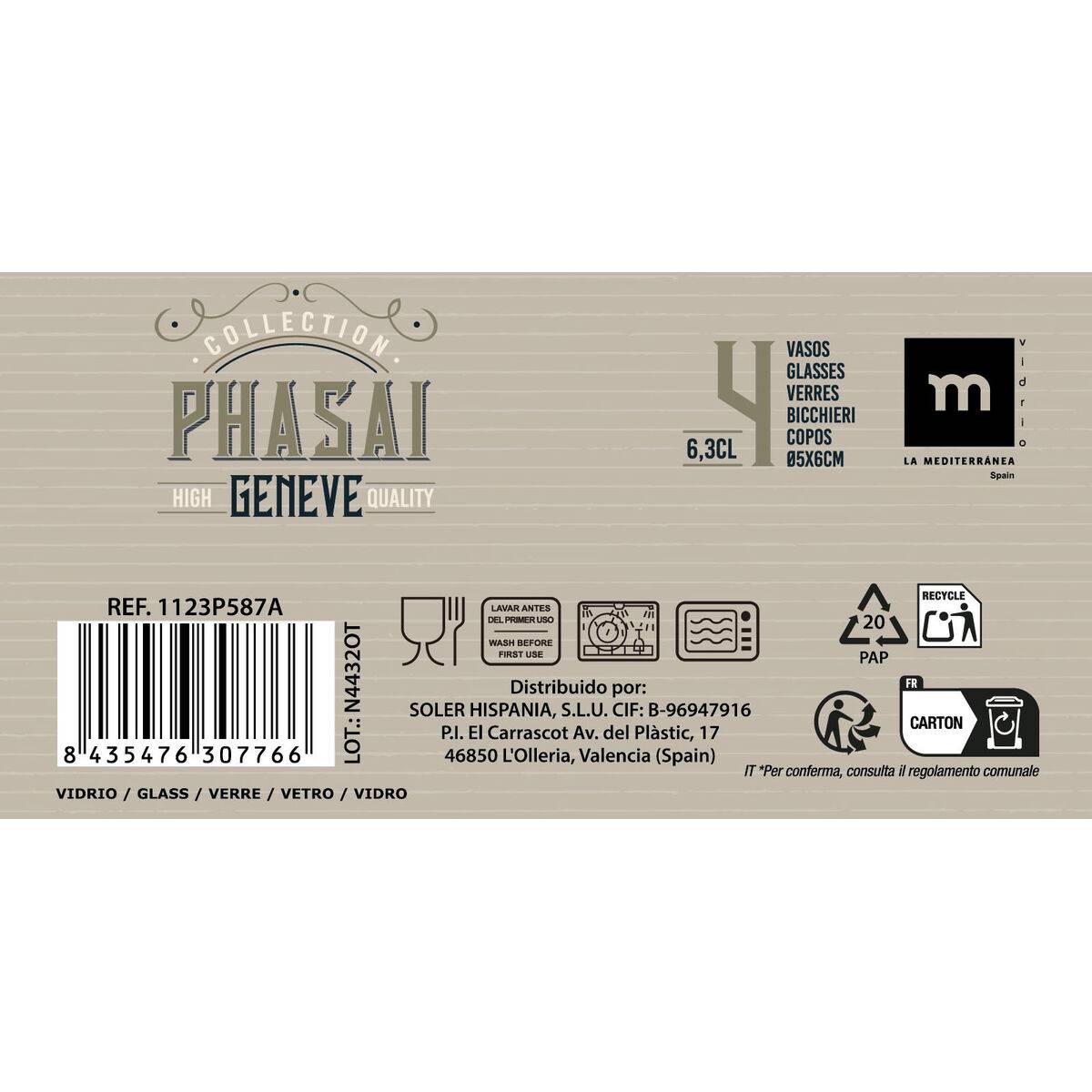 Set de Vasos de Chupito La Mediterránea Phasai geneve Transparente Vidrio 63 ml 4 Piezas (24 Unidades)