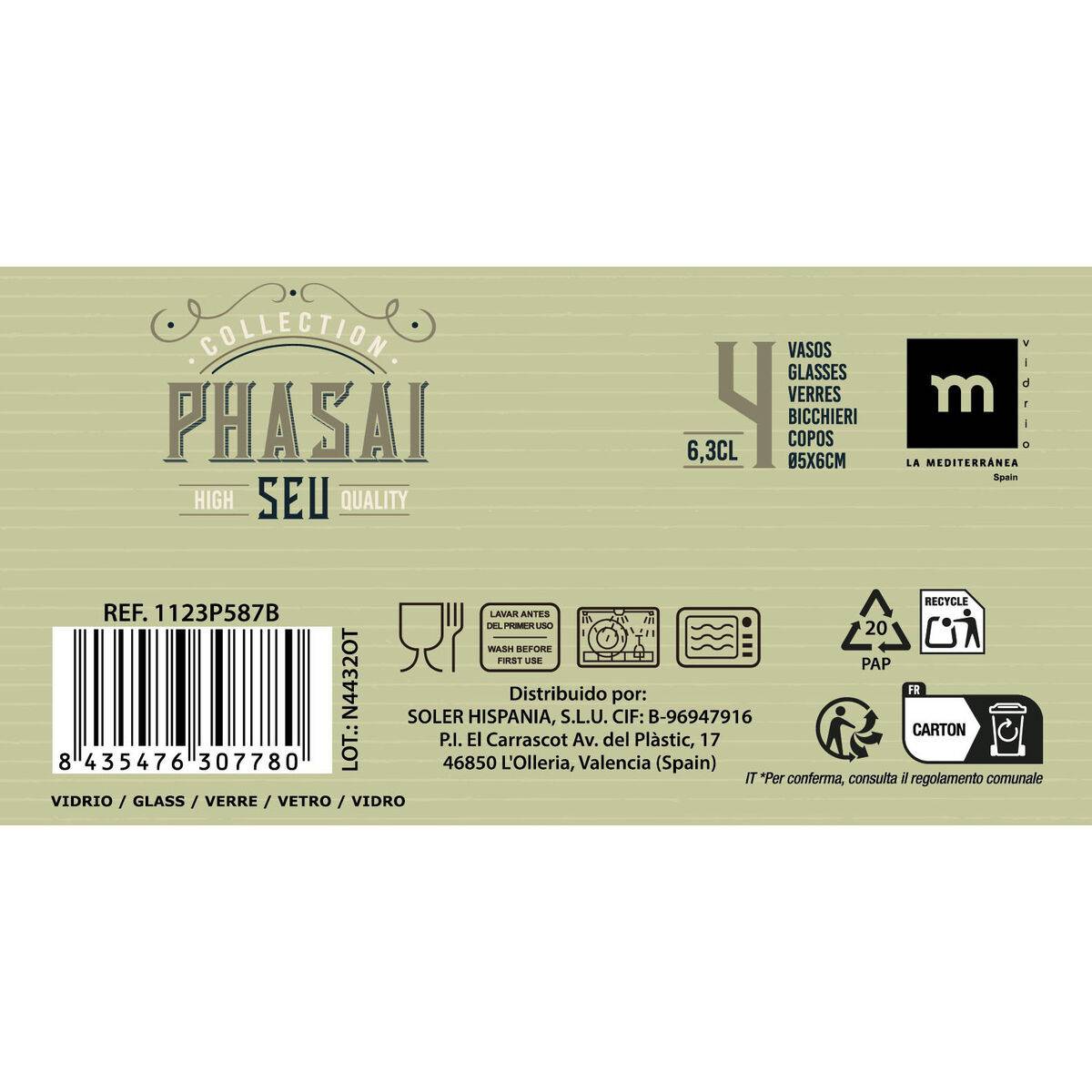 Set de Vasos de Chupito La Mediterránea Phasai seu Transparente Vidrio 63 ml 4 Piezas (24 Unidades)