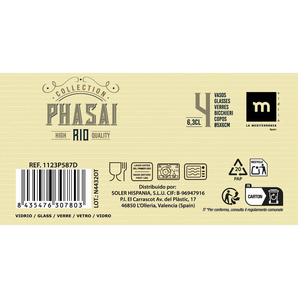 Set de Vasos de Chupito La Mediterránea Phasai rio Transparente Vidrio 63 ml 4 Piezas (24 Unidades)