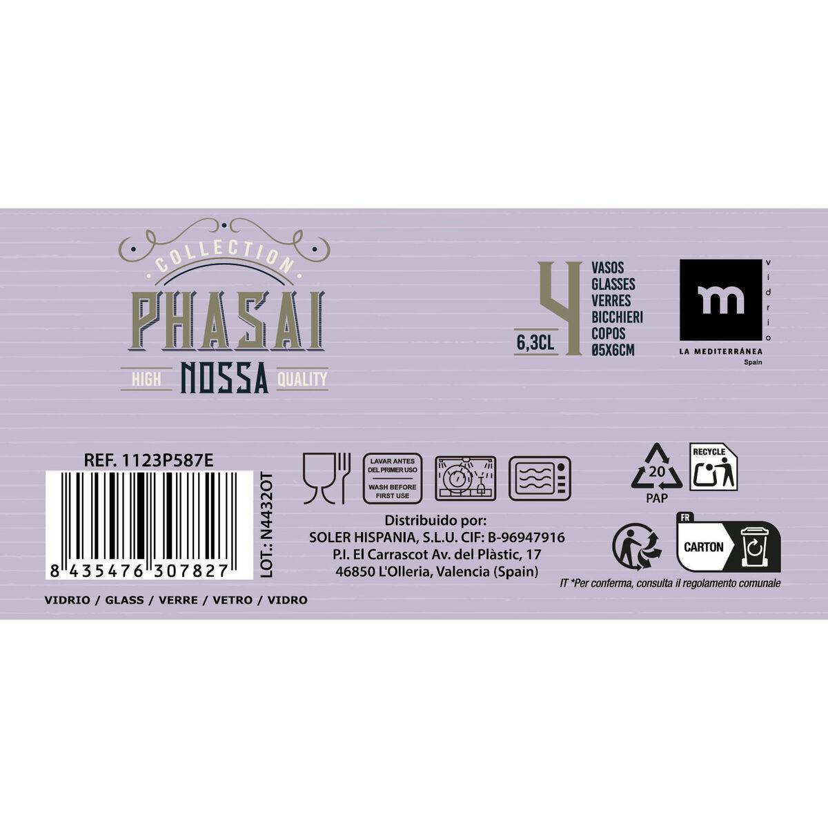 Set de Vasos de Chupito La Mediterránea Phasai nossa Transparente Vidrio 63 ml 4 Piezas (24 Unidades)