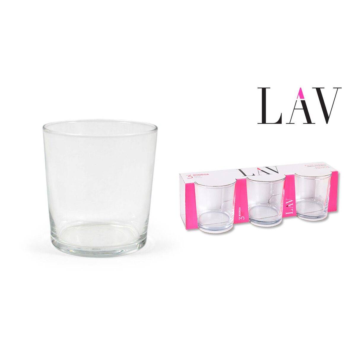 Set de Vasos LAV Transparente Vidrio 340 ml 3 Piezas (16 Unidades)