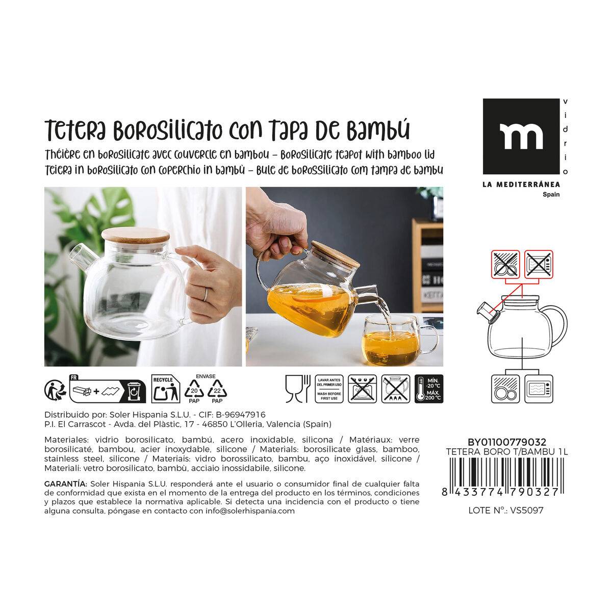 Tetera La Mediterránea Marrón Transparente Bambú Vidrio de Borosilicato 1 L (12 Unidades)