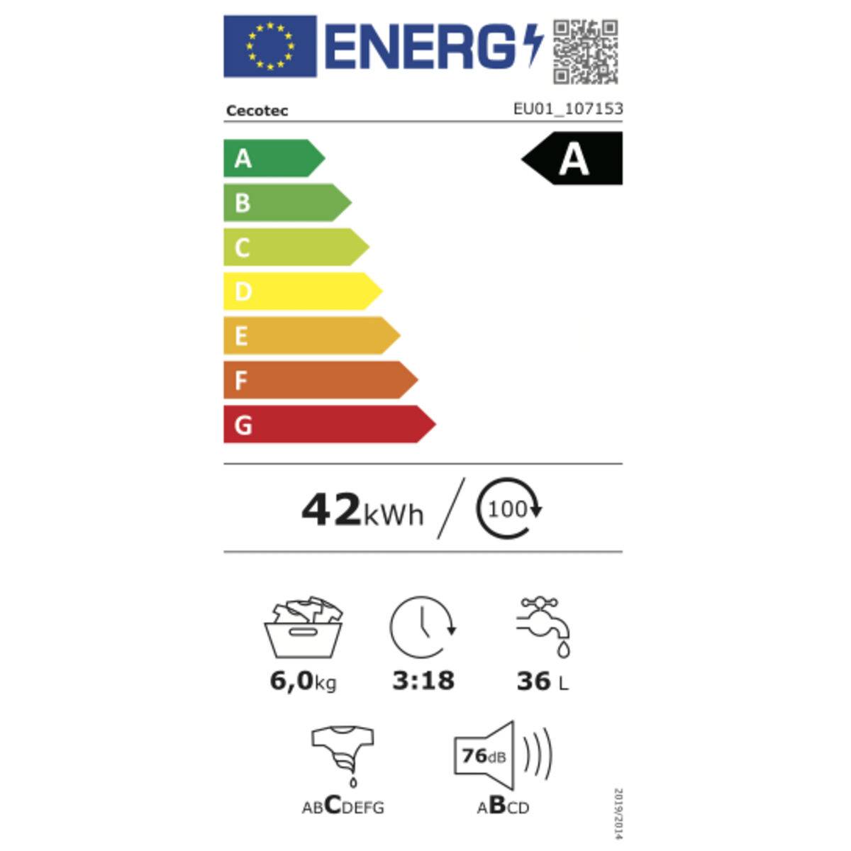 Lavadora Cecotec Bolero DressCode 620 Inverter 1000 rpm 6 Kg