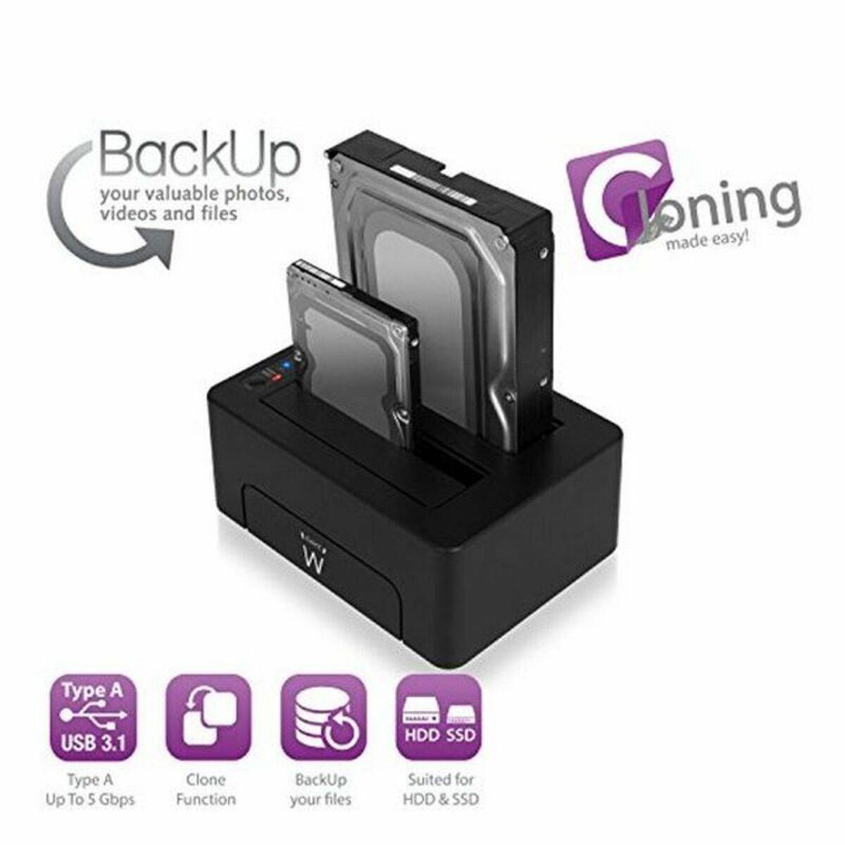 Dock Station Dual Ewent AAACET0186 Dual 2.5"-3.5" USB 3.1 ABS Negro 2