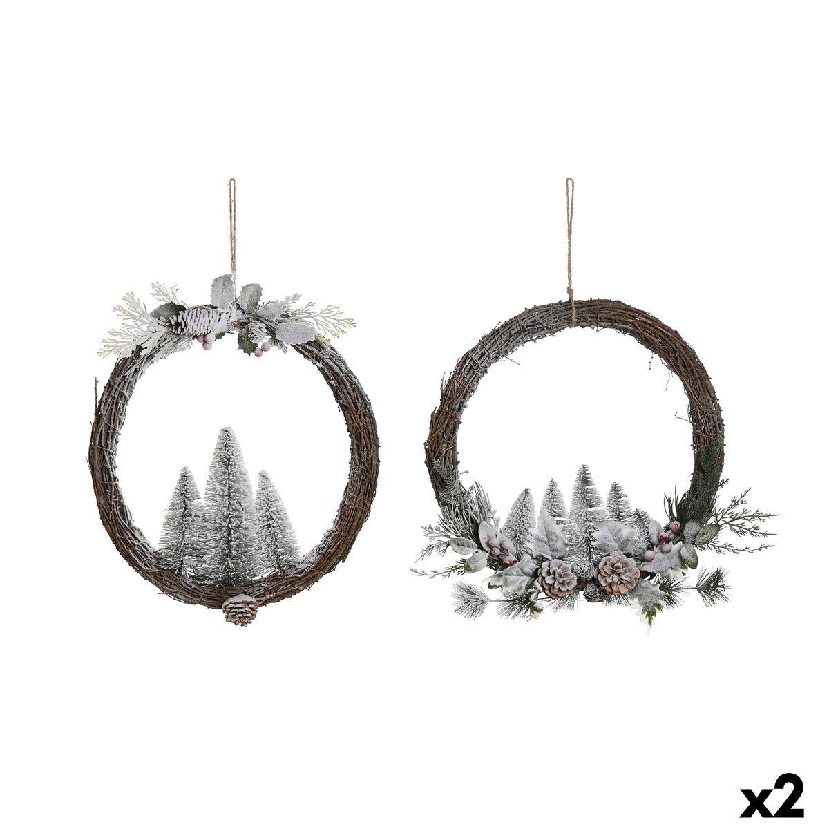 Corona de Navidad DKD Home Decor Natural Mimbre Piña Nevado 46 x 7 x 46 cm (2 Unidades)