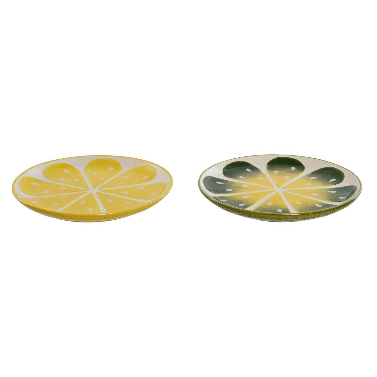 Plato Llano Home ESPRIT Amarillo Verde Gres Limón 22,5 x 22,5 x 2,5 cm (2 Unidades)
