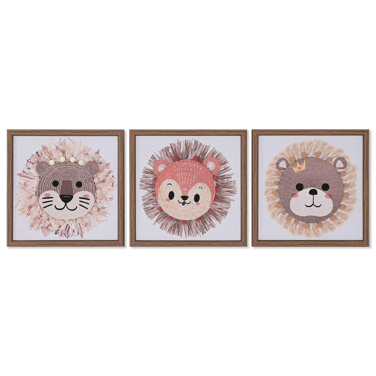 Lienzo Home ESPRIT Blanco Natural Infantil Animales 30 x 2,6 x 30 cm (3 Unidades)